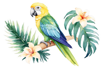 Naklejka na meble Beautiful tropical bird watercolor illustration hand drawing, parrot, flowers and palm leaf in isolated white background, Generative AI