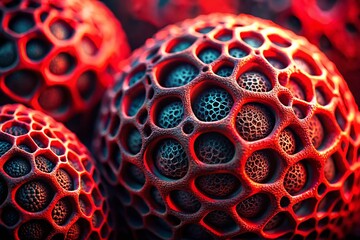 Poster - Abstract Macro Closeup of Red and Black Organic Texture Resembling Cells with Glowing Details, Perfect for Scientific and Artistic Themes in Minimalist Photography