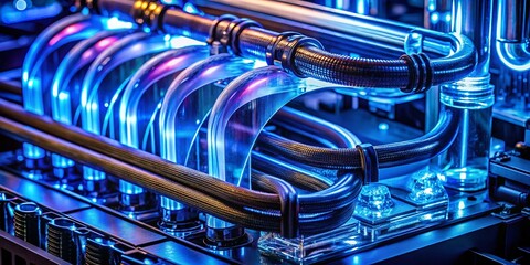 Poster - Abstract Macro Photography of a Futuristic Liquid Cooling System in a Computer with Mesmerizing Blue Tones and Fluid Dynamics
