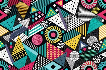 Poster - Abstract Memphis Style Geometric Patterns in Monochrome with Brush Stroke and Halftone Texture for Modern Design and Stylish Backgrounds