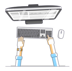 Fototapete - Office worker or entrepreneur businessman working on a PC computer, top view of workspace desk with human hands, overhead look. Vector illustration.