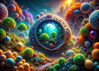 Poster - Abstract Representation of Advanced Technology and Biological Elements in a Vibrant Environment Merging Nature with Innovation for Dynamic Stock Imagery