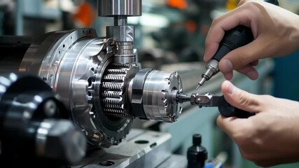 Poster - Industrial engineers work on a gearbox in a factory, using screwdrivers to fix components inside. Precision and expertise are essential in this mechanical maintenance process
