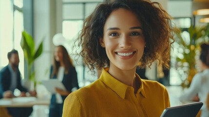 Fototapete - A confident business leader smiles warmly, holding a tablet, surrounded by colleagues engaged in discussions within a vibrant and contemporary office environment