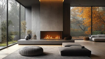 Wall Mural - Static shot: A modern living room with a fireplace and a view of an autumn forest.