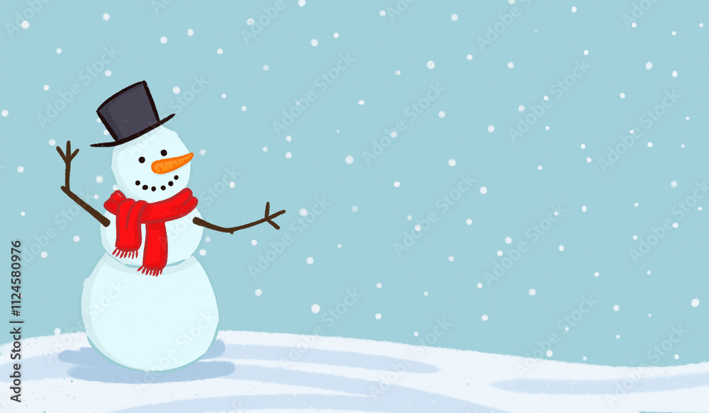 Cheerful snowman with red scarf in a snowy winter scene Stock ...