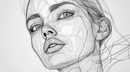 Aufkleber - Portrait of a Woman with Monochrome Intricate Line Art for a Masterpiece Concept of Linear Design Artistic Expression.