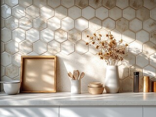 Poster - Scandinavian Kitchen Interior with Hexagonal Tiled Wall and Minimalist Decor