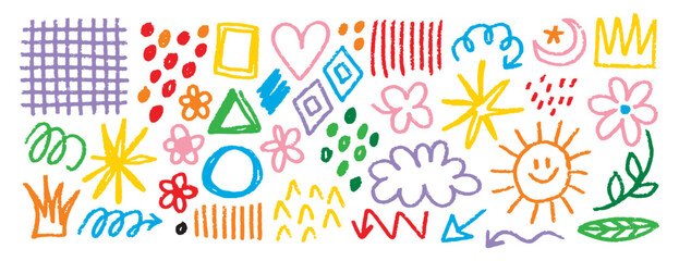 Poster - charcoal shapes and squiggles in chalk childish girly style doodle hand drawn line set. Pencil drawings. Crown, stars, flower, heart and grid collage elements.