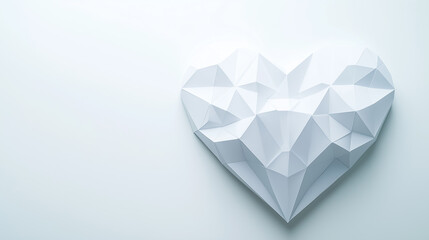 Poster - A 3D white paper heart rests on a smooth surface, showcasing origami-inspired angles and details