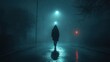© zong - Mysterious figure in a dark hoodie walking alone at night on a foggy suburban street near buildings