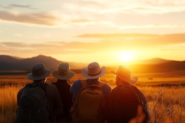 Friends enjoy a breathtaking sunset view in a scenic landscape with mountains and fields during golden hour