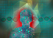 © Westend61 - Concept illustration of binary numbers, double helix, and molecular structure with a human form.