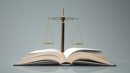 Sticker - Law Studies - 3D illustration. Golden scale with paragraphs and law book.