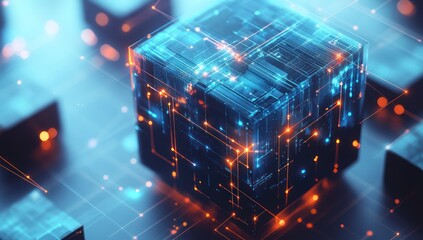 Poster - Digital Cube with Glowing Lines and Connections