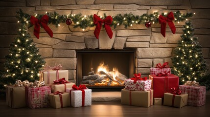 Canvas Print - Cozy living room filled with holiday spirit featuring a tall Christmas tree, glowing fireplace, and an array of beautifully wrapped gifts