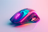 Nowoczesna mysz komputerowa o futurystycznym designie z podświetleniem RGB w neonowych kolorach. 