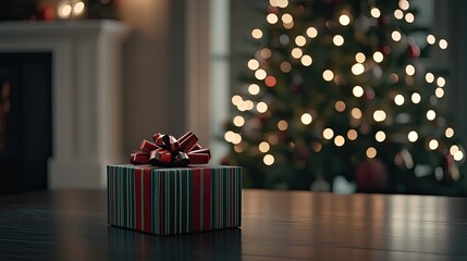 Canvas Print - Colorful gift box with red and green stripes sits on a table, surrounded by a softly lit Christmas tree and holiday decorations