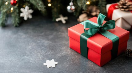 Canvas Print - Colorful gift box with red and green stripes sits on a table, surrounded by a softly lit Christmas tree and holiday decorations