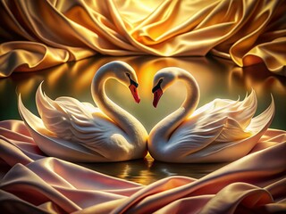 Poster - A Duo of Elegant Swan Sculptures Forming a Heart Silhouette Against Luxurious Silk Cloth, Perfect for Urban Exploration Photography and Artful Decor Inspirations