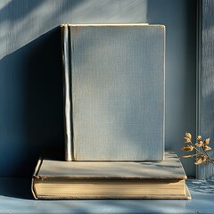 Fototapete - minimalistic still life of blank book on soft blue background with chiaroscuro lighting and shadows