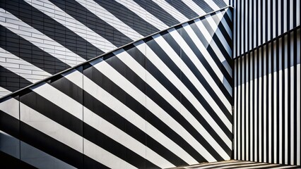 Poster - Aerial black and white photograph capturing a striking wall design featuring bold black and white stripes, showcasing modern architectural aesthetics and visual contrast in urban settings.