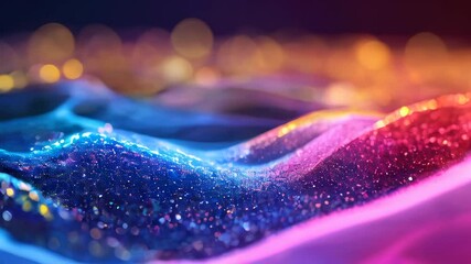 Poster - Vibrant waves of light with a shimmering neon glow, featuring blue and purple hues, creating a mesmerizing digital art piece.