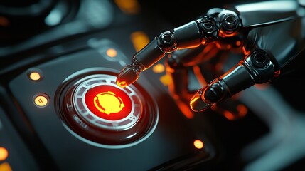 Futuristic robot arm pressing button on touch screen hologram. Artificial Intelligence, human machine interaction, digital technology. Machine learning, technology concept. Design for banner, poster