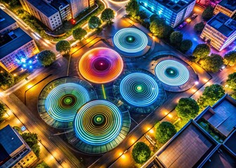 Poster - Aerial Photography of Abstract Disk Light Art Illuminating Urban Landscapes at Night with Vibrant Colors and Unique Patterns, Capturing the Essence of Modern Creativity
