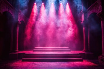 Aufkleber - Empty Stage with Bright Blue and Yellow Lights in Smoky Atmosphere for Concert Show Event
