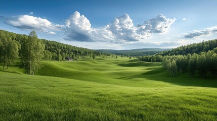 enjoy the beauty of a lush green field under a blue sky scattered with white clouds in the swedish c