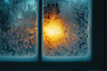Poster - Close-up view of intricate ice patterns illuminated by warm light through a frosted window