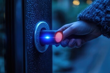 Poster - Woman uses fingerprint scanner for secure access at modern entrance in evening