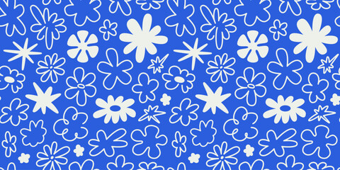 Fototapete - Vector seamless pattern in simple floral wavy and groovy naive style, flowers and plants, floral botanic hand drawn design templates, modern art prints, surface design