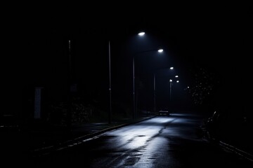 Aufkleber - A solitary person walks along an empty street at night, with streetlights casting long shadows and a dark space above for text inclusion. Generative AI