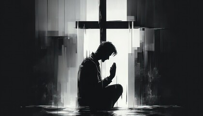 Wall Mural - Silhouette of a Man Praying in Front of a Cross with Dynamic Lines and Dramatic Lighting