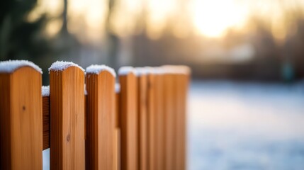 Poster - A close-up view of a wooden picket gate with frost on its edges, set against a misty morning field that evokes a calm and rustic winter atmosphere