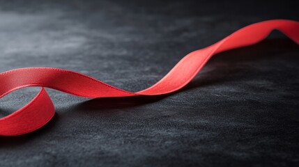 Poster - A vibrant red ribbon with a silky texture forms a soft loop on a dark gray surface, gently illuminated for an elegant effect