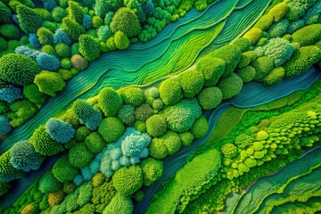 Poster - Aerial View of Abstract Green Texture in Modern Pop Surrealism Style with Vivid Colors and Dynamic Patterns for Artistic Projects Needing Copy Space