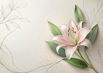 Poster - Aerial View of Abstract Pastel Floral Art with Lily on Light Backdrop, Minimalist Line Drawing of Plants and Flowers for Contemporary Wallpaper and Elegant Spaces