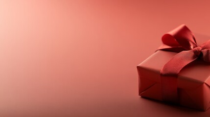 Poster - A small gift box wrapped in matte red paper and adorned with a shiny red ribbon rests on a soft pastel pink background, providing a joyful and festive atmosphere