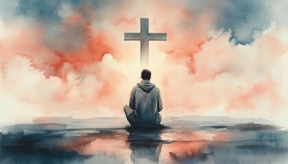 Wall Mural - Man Kneeling in Prayer before the Cross in a Serene Watercolor Painting with Soft Pastel Colors and Ethereal Light