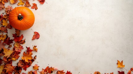 Poster - A vibrant orange pumpkin rests on a light cream surface, surrounded by scattered autumn leaves in warm hues, creating a cozy fall atmosphere with ample copy space