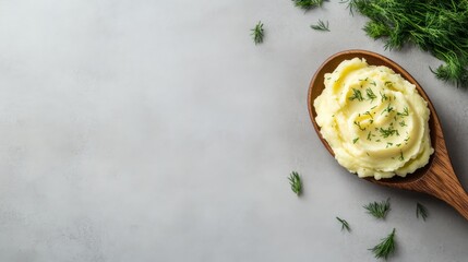 Poster - A wooden spoon holds creamy mashed potatoes garnished with fresh dill, placed on a neutral stone surface, with additional dill sprigs scattered around