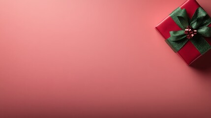Poster - A single Christmas gift box wrapped in shimmering red paper sits elegantly on a soft pastel pink surface, highlighting the festive season with ample copy space