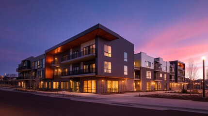 Aufkleber - contemporary apartment structure features glass windows and concrete panels, illuminated by soft eve