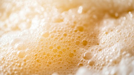 Poster - Frothy golden beer foam with detailed bubbles fills the frame, creating a rich texture suitable for beverage themed designs with clear copy space on the side