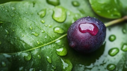 Aufkleber - Raw mangosteen sits on a glossy green leaf, adorned with water droplets. The composition highlights freshness, with ample copy space for text placement