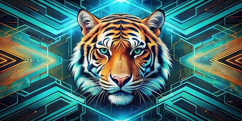Poster - Aerial View of a Dynamic Futuristic Technology Background Featuring a Tiger Print Pattern in Retro Style for Use in Headers, Posters, and Flyers in Vector Graphics Format