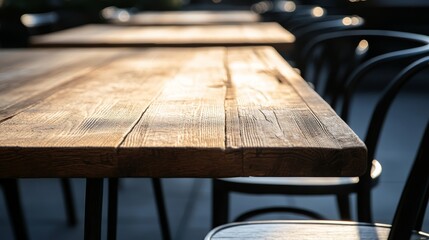 Aufkleber - A medium close-up shot captures a rustic wood table in a cozy seating area with minimalist furniture, inviting a warm and relaxed coffee shop vibe
